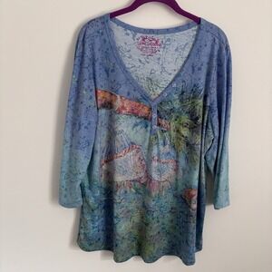 Leoma Lovegrove Hammock Print Top Size XXL‎ Blue Wearable Art Tropical Island